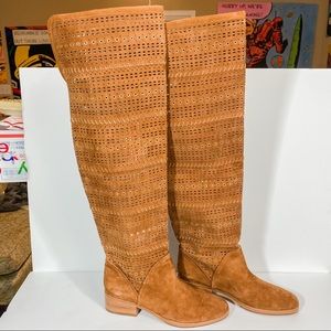 Donald J Pliner Camel Knee High Perforated Boots Brown Tan